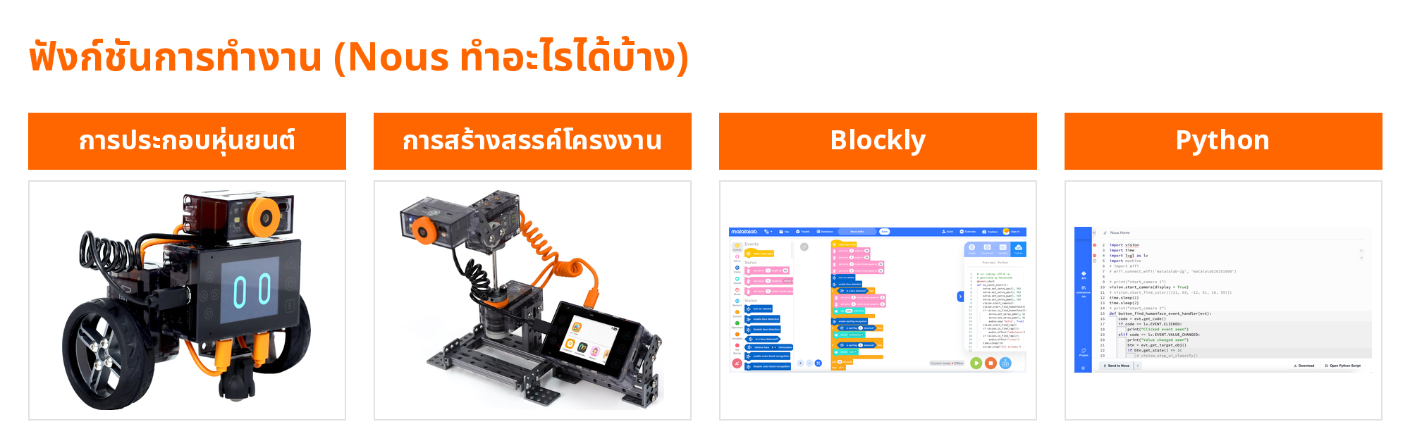 ฟังก์ชันการทำงาน (Nous ทำอะไรได้บ้าง): การประกอบหุ่นยนต์, การสร้างสรรค์โครงงาน, Blockly, Python